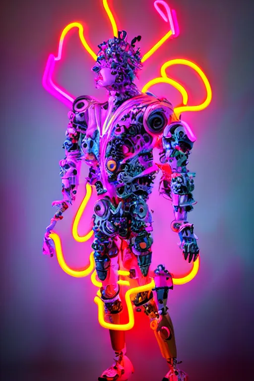 Image similar to full-body neon porcelain baroque cyberpunk style sculpture of a muscular handsoe prince as a high-fashion half-robot wearing retro shades with a porcelain body, corrupted battery, leaking glowing neon radioactive liquid, electric sparks, glowing violet laser beam eyes, crown of giant crt monitors, flowing pink and orange neon-colored glitched silk, luminescent fabrics, mechanical raptors. baroque and steampunk elements. full-length view. baroque element. intricate artwork by caravaggio. Very very very very highly detailed epic photo of face. Trending on artstation, octane render, cinematic lighting from the right, hyper realism, octane render, 8k, depth of field, 3D