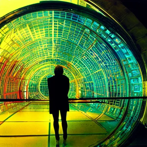 Image similar to 35mm film still blade runner set on Mars in an neon city, domes made of glas by Alex grey