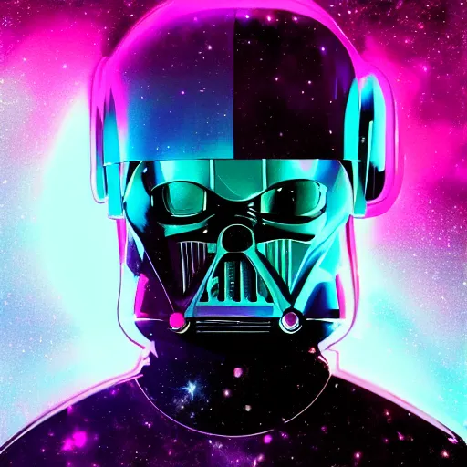 Prompt: portrait from darth vader, synthwave, universe background, nebula, galaxy, artstation