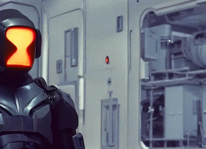 Image similar to film still of Brian Cranston as Gordan Freeman in an underground lab facility wearing a black HEV suit with an orange lambda logo in front with a glowing blue portal in the background in the Half Life Movie, 4k