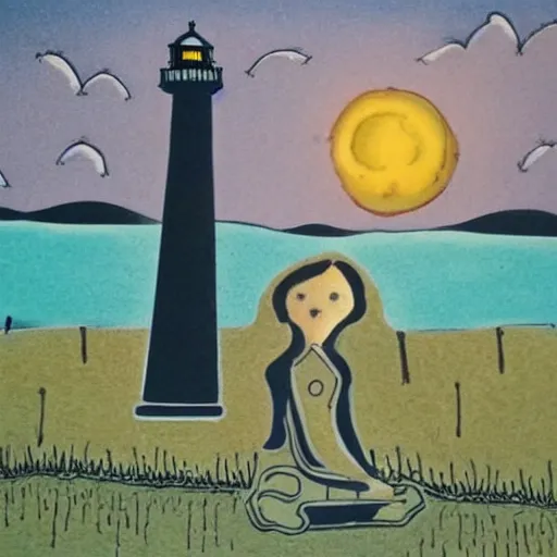 Prompt: folk horror art style depiction of a woman sitting by a harbour. lighthouse. night full moon. glowing