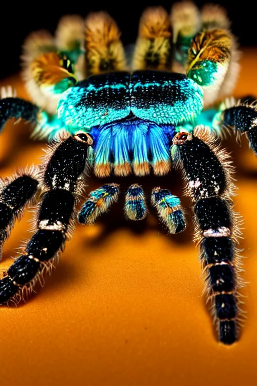 Image similar to high quality macro photo iridescent tarantula! jewelled supercute! highly detailed david ligare elson peter cinematic blue neon lighting high quality low angle hd 8k sharp shallow depth of field