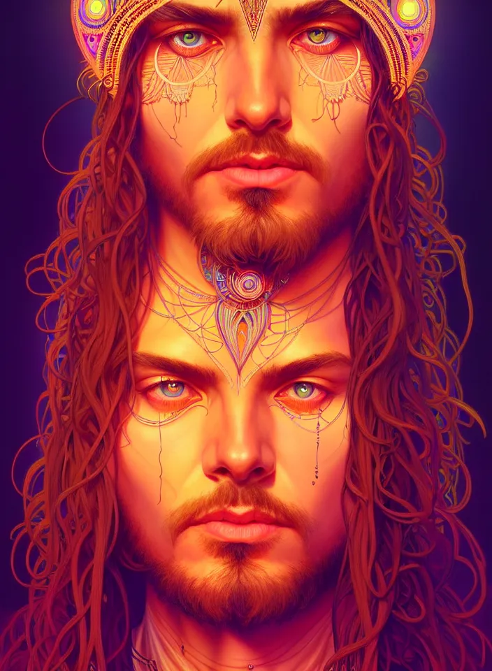 Prompt: symmetry!! portrait of a hippie man, boho outfit, neon glowing eyes!! ambient, intricate, elegant, highly detailed, digital painting, artstation, symmetric concept art, smooth, sharp focus, illustration, art by artgerm and greg rutkowski and alphonse mucha, 8 k