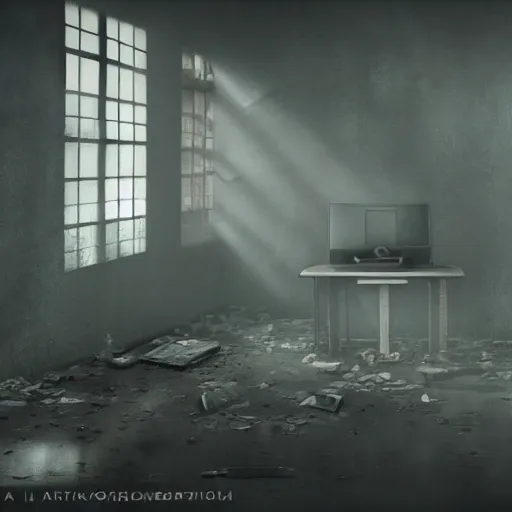 Image similar to a computer sits in an abandoned room, derelict, atmospheric, misty, mysterious, apocalyptic, ultra - realistic, artstation award, sketch, illustration, painting