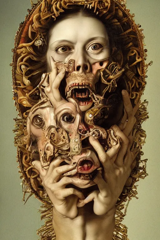 Image similar to Detailed maximalist portrait with large lips and with large wide eyes, surprised expression, surreal extra flesh and bones, HD mixed media, 3D collage, highly detailed and intricate, illustration in the golden ratio, in the style of Caravaggio, dark art, baroque