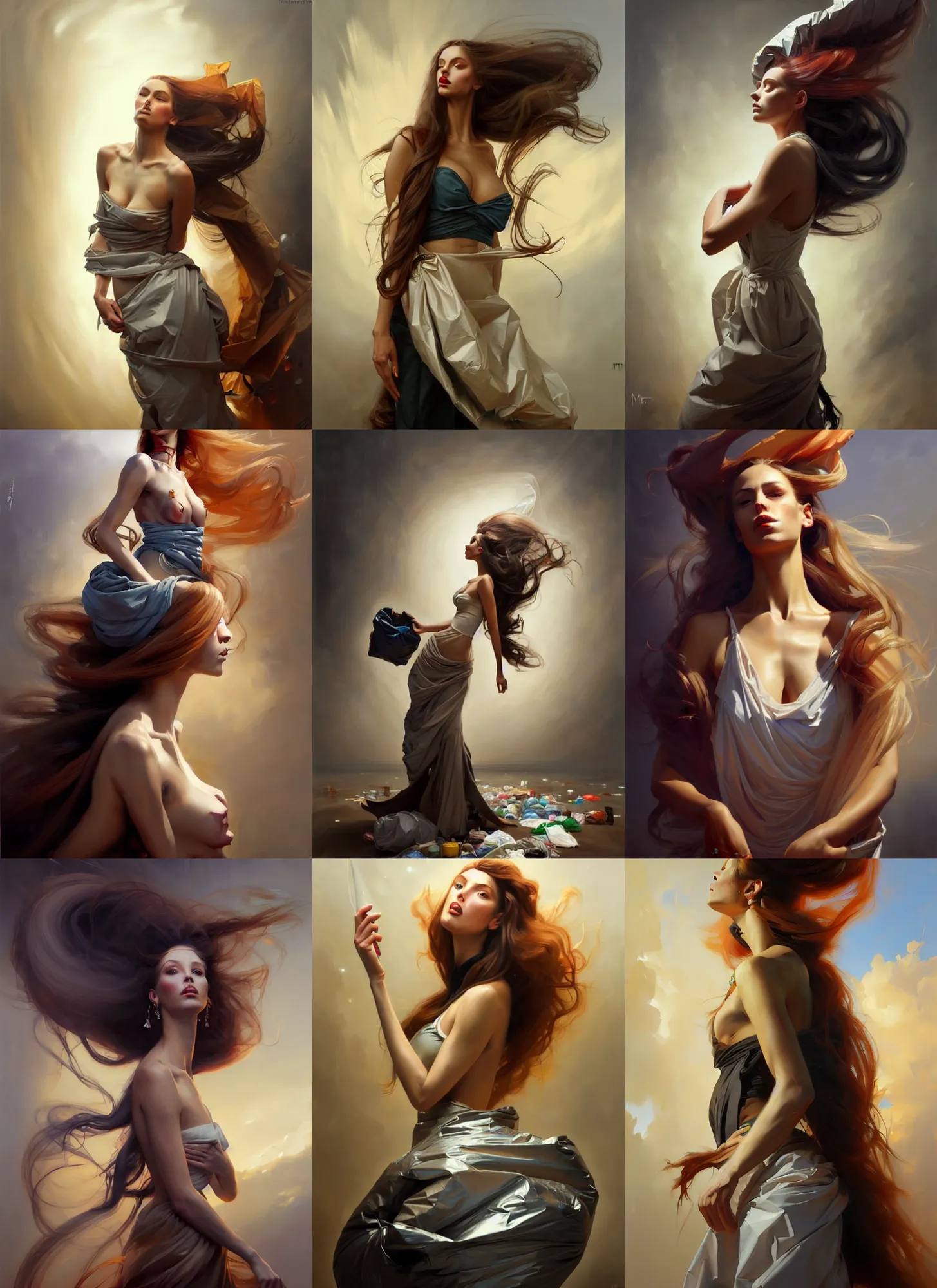 Image similar to fine art portrait oil painting of a beautiful woman with long hair wearing a garbage bag for clothes, perspective, ultra detailed, elegant, intricate, dynamic lighting, hyperrealism, sharp focus, art by peter mohrbacher and greg manchess and andrei riabovitchev