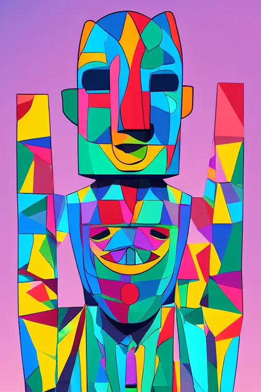 Image similar to abstract cubist moai statue geometric cutout digital illustration cartoon colorful beeple