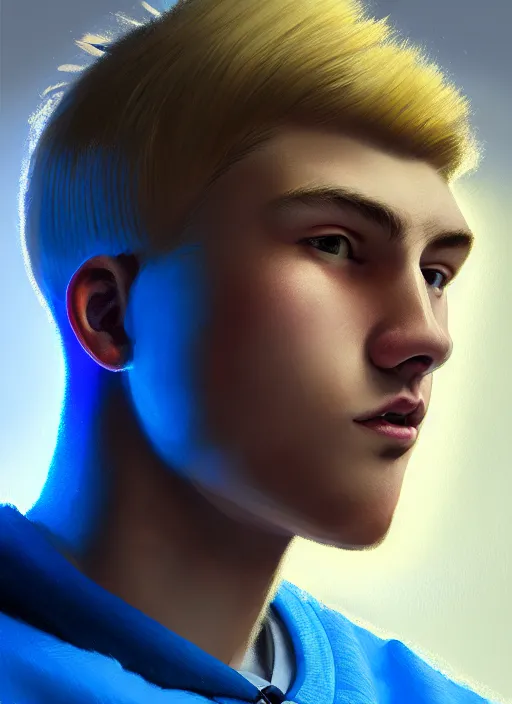 Image similar to portrait of high school senior boy named big moose, blonde short hair, jock, beefy, wide face, square jaw, square facial structure, blue varsity jacket with letter r, intricate, elegant, glowing lights, highly detailed, digital painting, artstation, concept art, sharp focus, illustration, art by wlop, mars ravelo and greg rutkowski