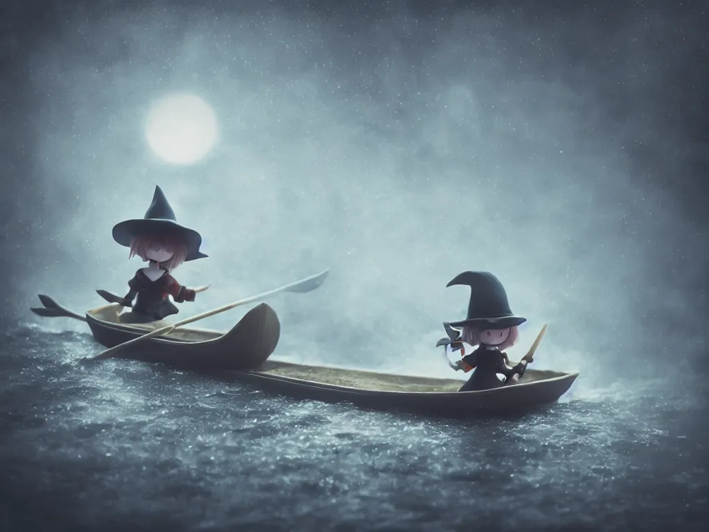 Image similar to cute fumo plush girl witch rowing a small boat through murky river water, river styx, otherworldly chibi gothic horror wraith maiden, lost in the milky void, hazy heavy swirling murky volumetric fog and smoke, moonglow, lens flare, vray