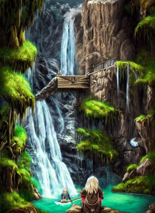 Image similar to wizard sitting next to waterfall in the mountains, trending on deviantart, lord of the rings, detailed