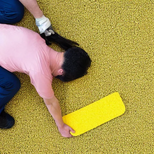 Prompt: removing yellow carpet underlay one man and one woman exhausted while eating almonds