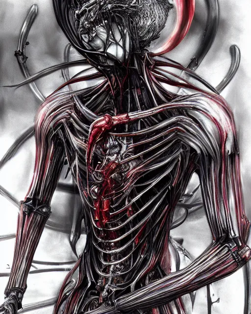 Image similar to ken kaneki by yoshitaka amano, by hr giger, biomechanical, 4 k, hyper detailed, hyperrealism, anime