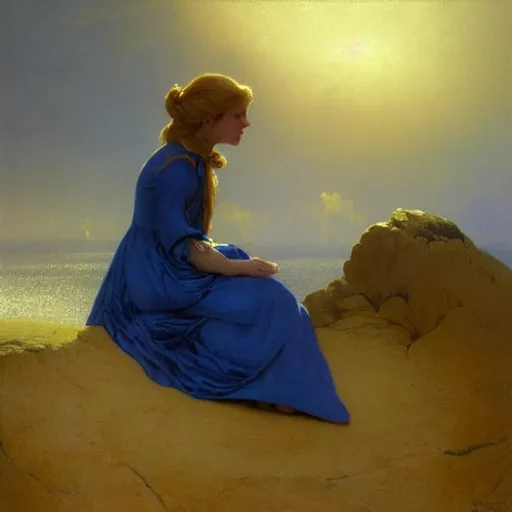 Prompt: young woman's face, her hair is white and she wears a cobalt blue satin cloak, by ivan aivazovsky and syd mead and moebius and gaston bussiere and roger dean and wojciech siudmak and pieter claesz and paul delaroche and alma tadema and aelbert cuyp, hyperrealistic, volumetric light, octane render