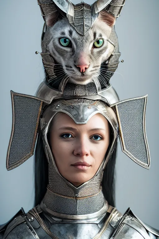 Image similar to female knight wearing a real cat on her head, armor designed by wayne barlowe, swarovski and tiffany, blonde hair, symmetry, sci - fi, cinematic, elegant, luxury, perfect light, perfect composition, dlsr photography, sharp focus, dark fantasy, 8 k, ultra hd, sense of awe, highly detailed, realistic, intricate