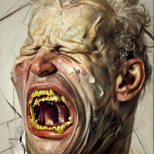 Prompt: high quality high detail painting of a man screaming in agony by lucian freud and michael hussar and jenny saville and francis bacon, hd, anxiety