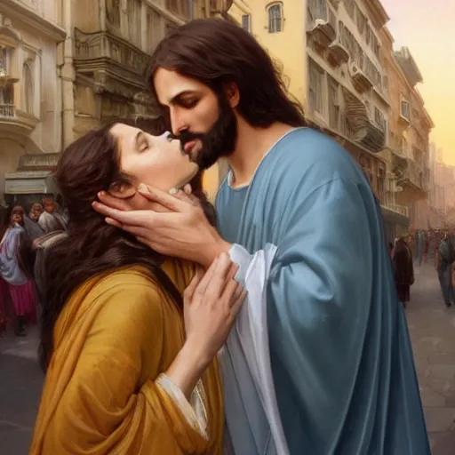 Image similar to jesus kissing a woman in a street, elegant, highly detailed, digital painting, artstation, concept art, matte, sharp focus, highly detailed, 4 k, hdr, smooth, sharp focus, high resolution, award - winning photo, photorealistic, art by artgerm and greg rutkowski and alphonse mucha, large shot