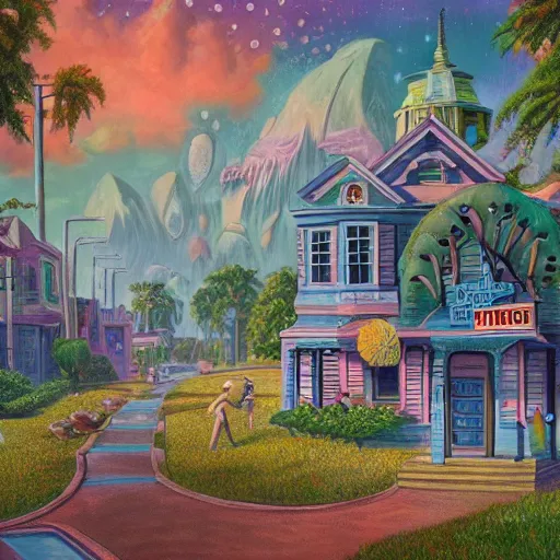 Image similar to 5 0 s tract home suburb on ancient post - apocalyptic planet, jim henson creature shop, vivid and colorful, thomas kincaid, cinematic, oil painting, highly detailed, illustration