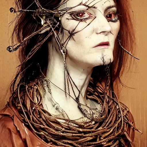 Image similar to portrait of a Shibari barbed wire wrapped face and neck, headshot, insanely nice professional hair style, dramatic hair color, digital painting, of a old 17th century, old cyborg merchant, amber jewels, baroque, ornate clothing, scifi, realistic, hyperdetailed, chiaroscuro, concept art, art by Franz Hals and Jon Foster and Ayami Kojima and Amano and Karol Bak,