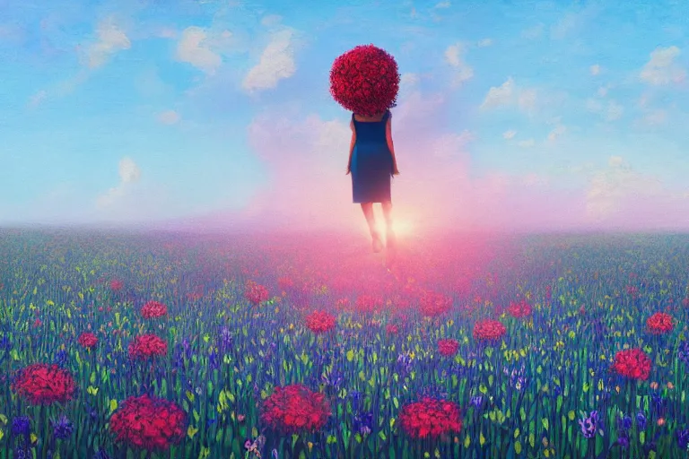 Image similar to closeup, giant flower head, girl in suit floating above field of flowers, surreal photography, sunrise, blue sky, dramatic light, impressionist painting, digital painting, artstation, simon stalenhag