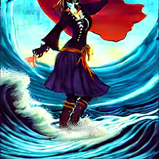 Prompt: a pirate witch summoning a giant wave by olivia de berardinis and zoe mozert and mark arian and art frahm and earl moran