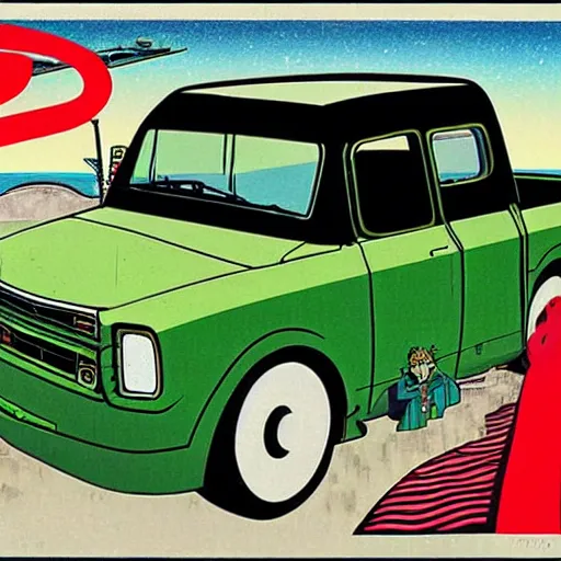 Prompt: a japanese print of a gorillaz album cover, green pickup car, art by akira toriyama.