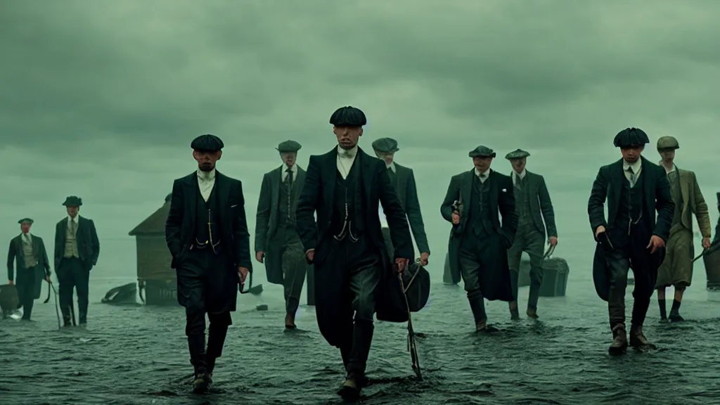 Prompt: the peaky blinders made of fish coming out of the ocean film still from the movie directed by denis villeneuve with art direction by zdzis