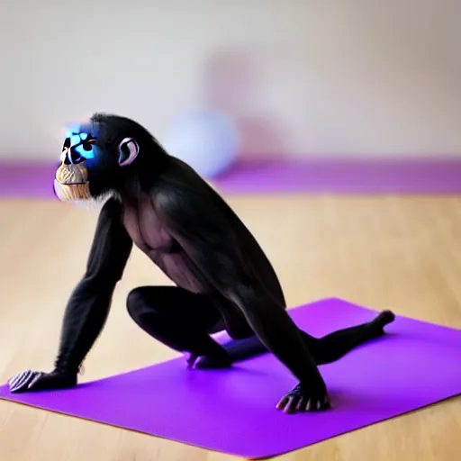 Image similar to photo of chimpanzee wearing yoga pants doing yoga in a yoga studio on a purple yoga mat, 5 0 mm, beautiful photo