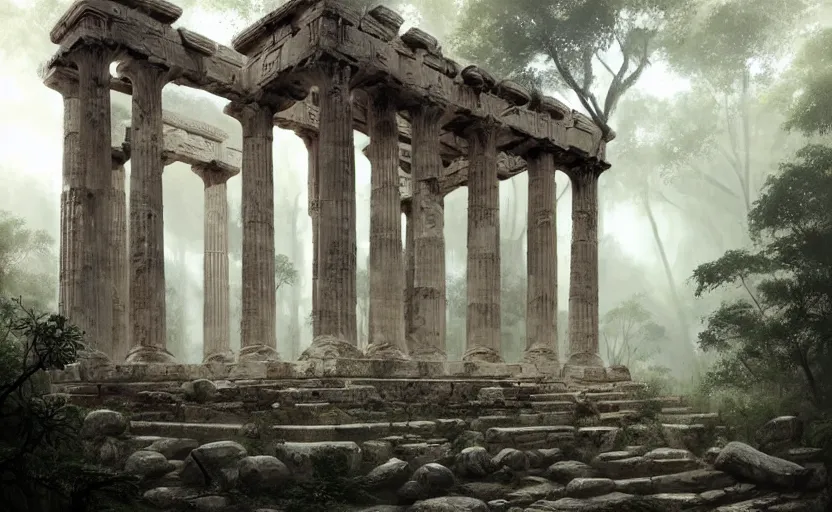 Prompt: greek temple ruin in a dark thick jungle, soft grey and blue natural light, intricate, digital painting, artstation, concept art, smooth, sharp focus, illustration, art by greg rutkowski and luis rollo and uang guangjian and gil elvgren, symmetry!