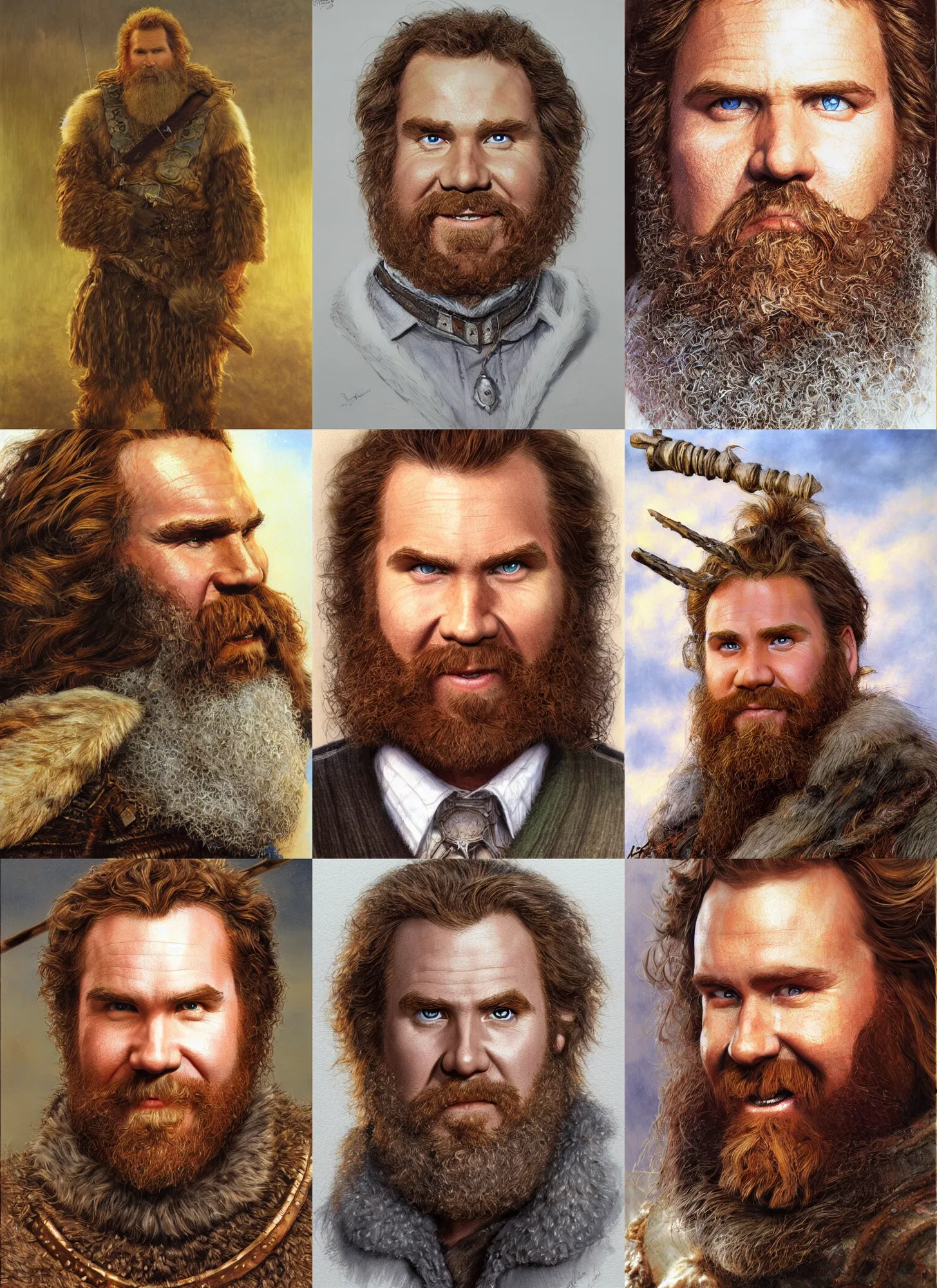 Prompt: will ferrell as gimli by alan lee, golden hour, concept art, detailed clothing, art station, oil painting