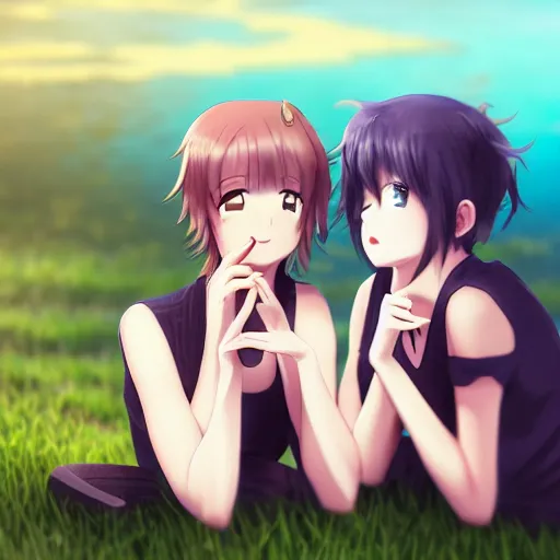 Image similar to two beautiful lesbian girls in love, smoking a weed cigarette with smoke, sitting in front of a lake, in the style of anime, close - up, highly detailed face, 4 k, pixiv, intricate, elegant, highly detailed, lush, stylized, japanese, smooth