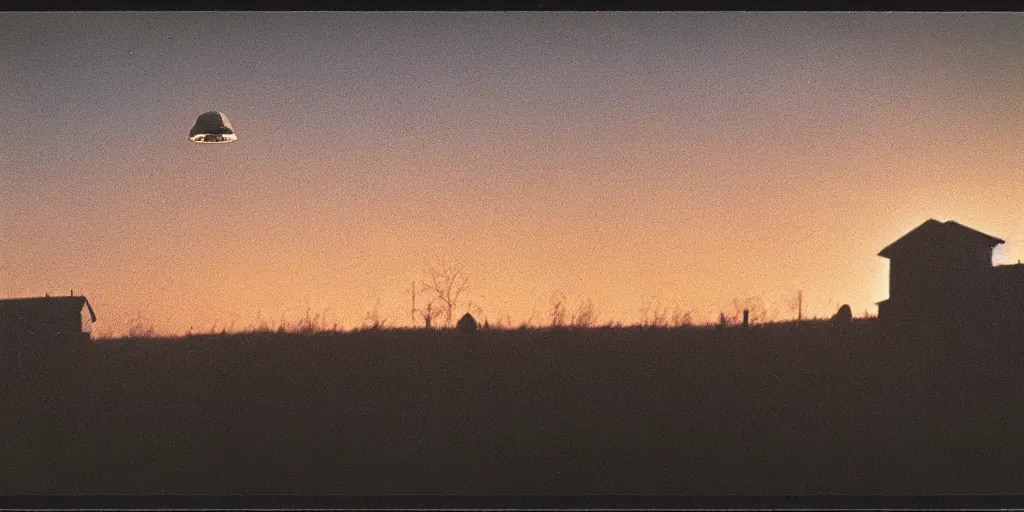 Image similar to detailed medium format photo, polaroid still from tarkovsky movie, a ufo beaming up a cow, at dusk near a small farmhouse, haze, high production value, intricate details, 8 k resolution, hyperrealistic, hdr, photorealistic, high definition, tehnicolor, award - winning photography, masterpiece, amazing colors