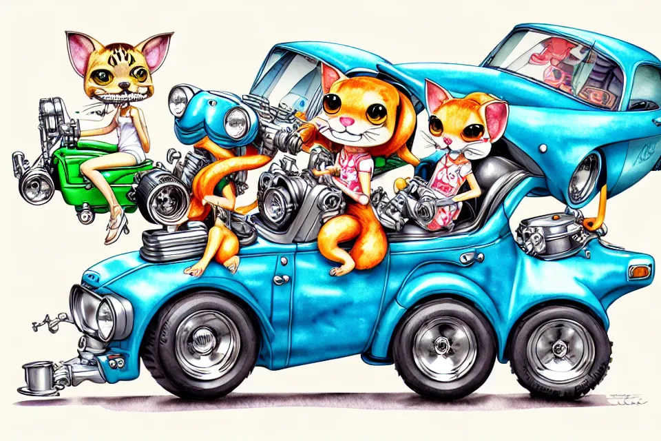 Image similar to cute and funny, margay riding in a tiny street rod with oversized engine, ratfink style by ed roth, centered award winning watercolor pen illustration, isometric illustration by chihiro iwasaki, edited by range murata, tiny details by artgerm and watercolor girl, symmetrically isometrically centered