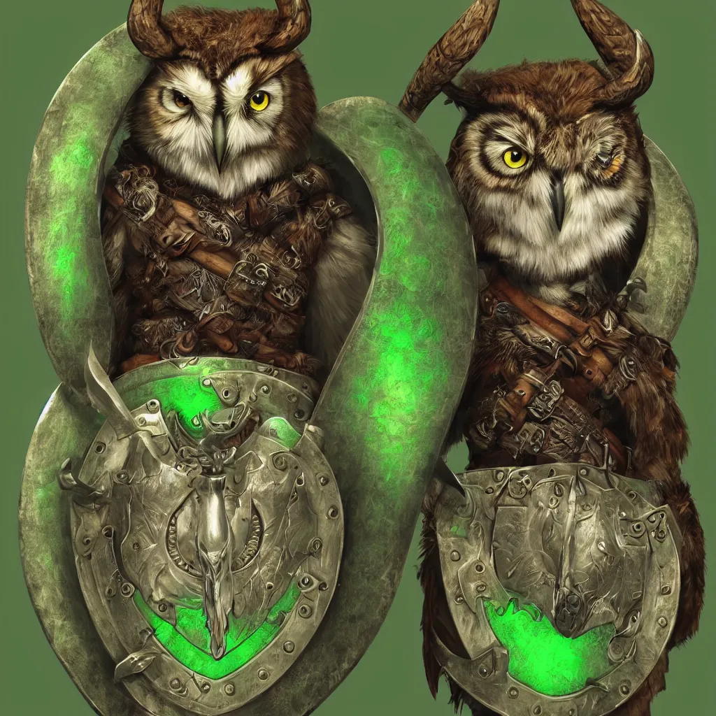 Prompt: An award winning digital art piece of a furry, photorealistic, cinematic, highly detailed, realistic anthropomorphic owl wearing a horned viking helmet, shield, and green shirt.