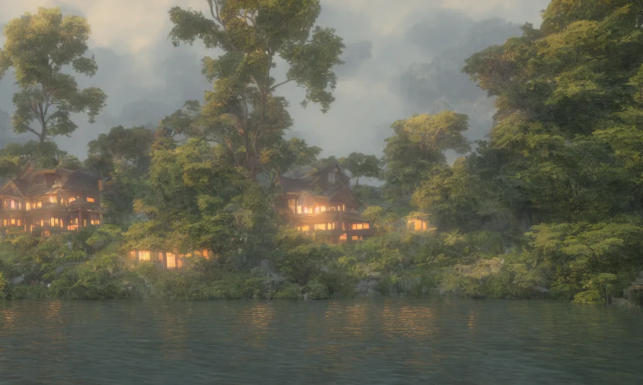 Prompt: house by lake, trending on artstation, 8k, Unreal Engine 5, by Noah Bradley