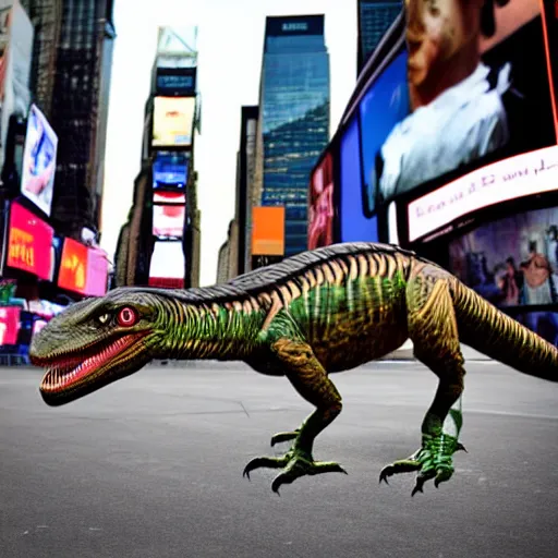 Image similar to velociraptor in Times Square, real photo