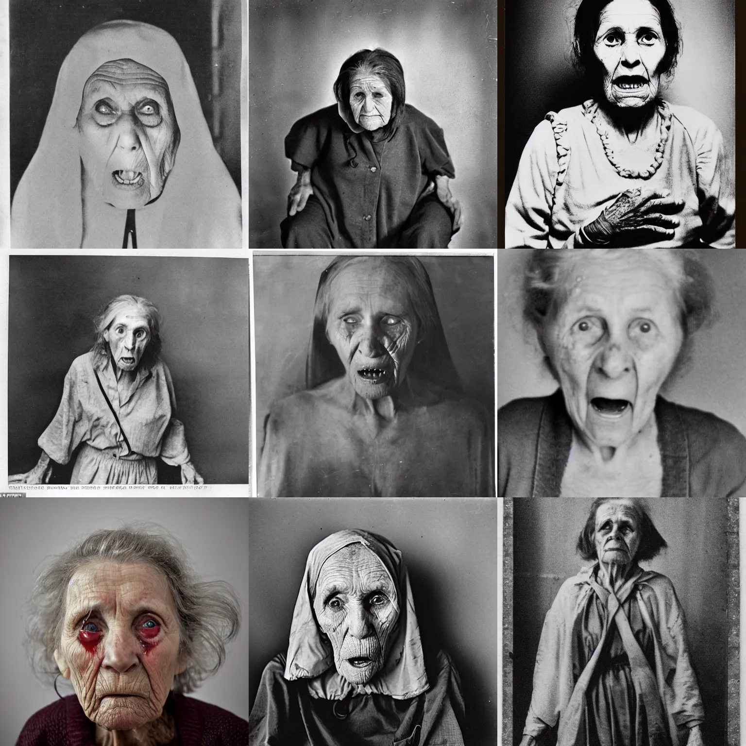 Prompt: portrait of a criminally insane elderly woman possessed by demons, disturbing psychology journal photograph