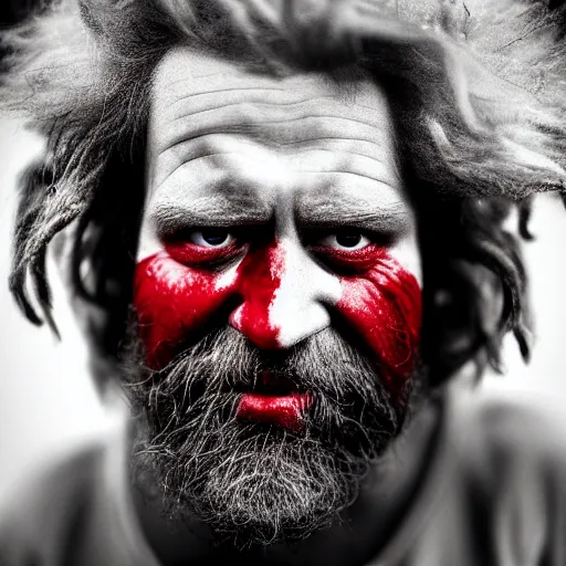 Image similar to film still photo portrait of a crazed homeless beaten up ronald mcdonald with heavy wrinkles and a beard, realistic, hyperrealistic, 8 k resolution, hd quality, very detailed, highly detailed, intricate details, real life, real world, trending on artstation, digital art, really realistic, very realistic, headshot, head in frame, photograph, portrait