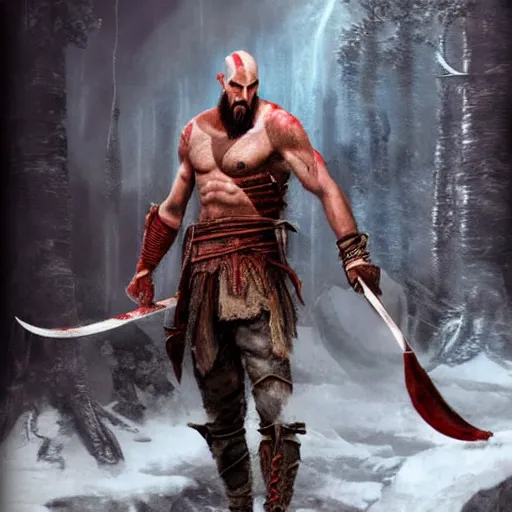 Prompt: Concept art of Keanu reeves as kratos from god of war game