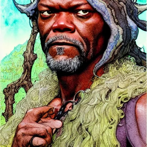 Image similar to a realistic and atmospheric watercolour fantasy character concept art portrait of samuel l. jackson as a druidic warrior wizard looking at the camera with an intelligent gaze by rebecca guay, michael kaluta, charles vess and jean moebius giraud