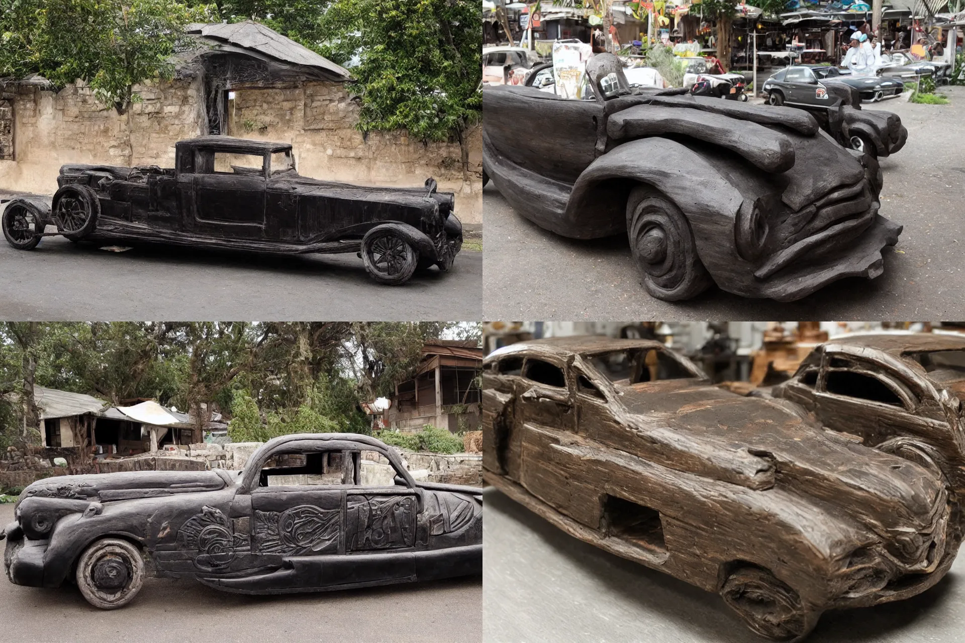 Prompt: a car carved out of ebony