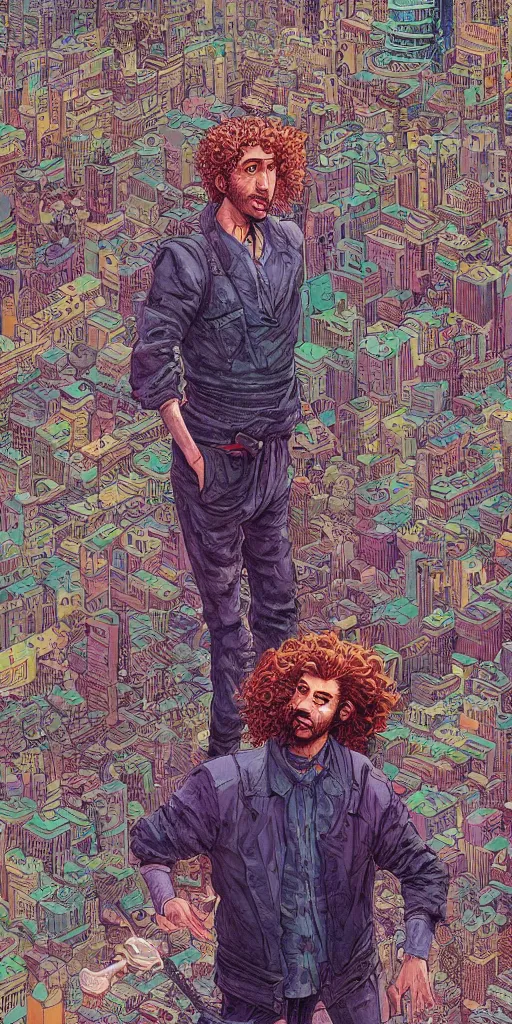 Image similar to highly detailed colorful illustration of a curly - haired persian guy in a cyberpunk city by moebius, nico delort, oliver vernon, kilian eng, joseph moncada, damon soule, manabu ikeda, kyle hotz, dan mumford, otomo, 4 k resolution