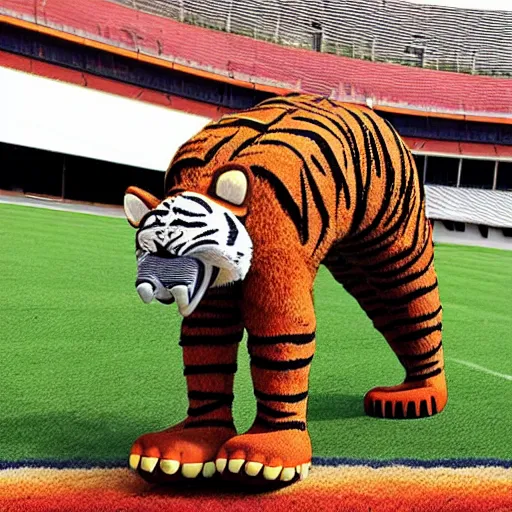 Prompt: aubie the tiger standing on a collapsed elephant, jordan hare stadium, ultra realistic