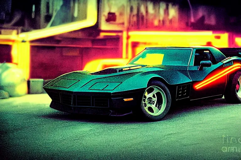 Image similar to stylized poster of mad max's pursuit special corvette, thick neon lights, ektachrome photograph, volumetric lighting, f 8 aperture, cinematic eastman 5 3 8 4 film