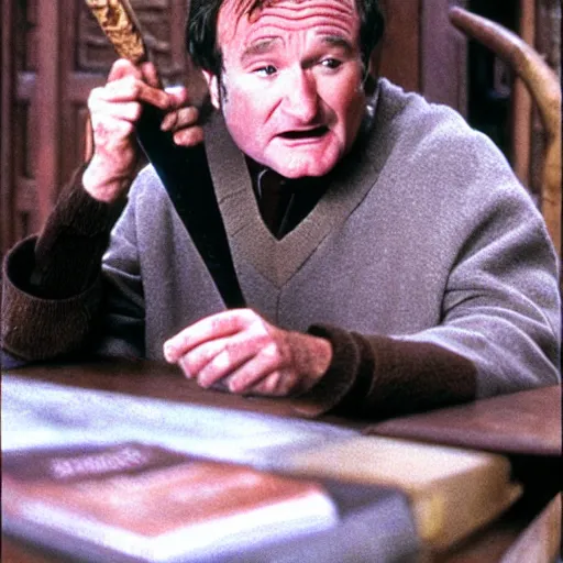 Image similar to Robin Williams playing Harry-Potter in Harry Potter, screenshot