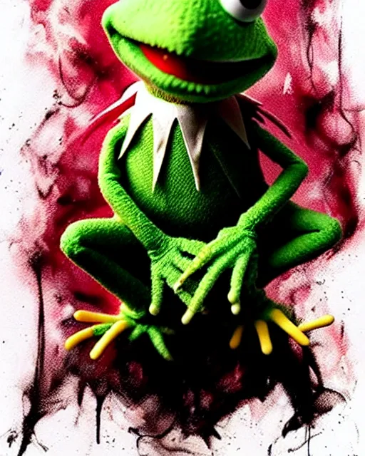 Prompt: disturbing grunge still of a lovecraftian demon infested kermit the frog in the muppets show. horror colored ink art, by greg tocchini, by tom bagshaw, by henry asencio, by kikuchi hideyuki, white, red, black, crimson and grey gradient color scheme