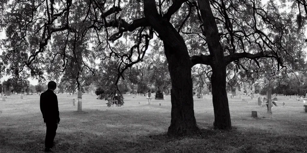 Prompt: Photo of a man in black near a tree in the cemetery looking into the distance