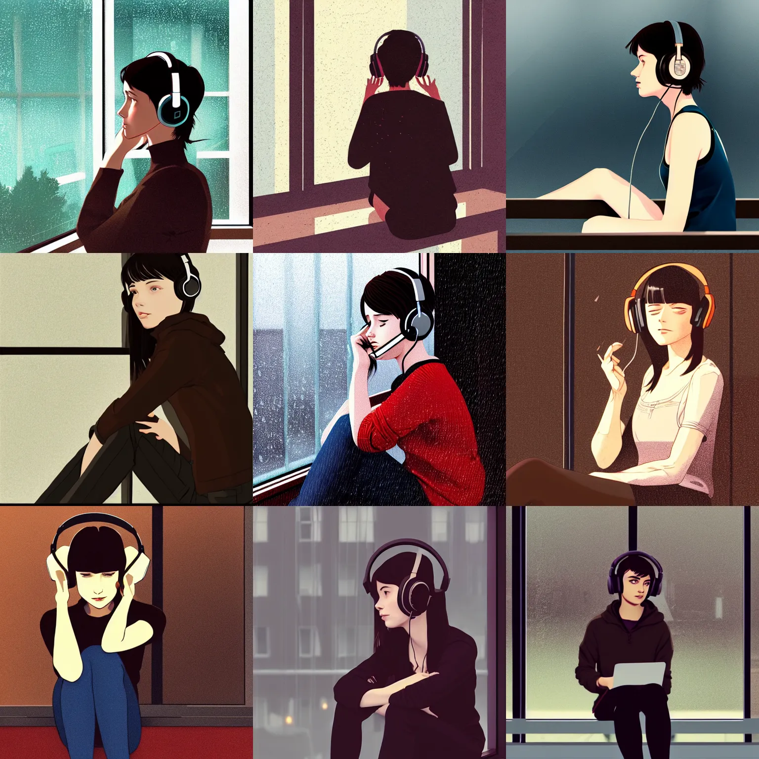 Prompt: girl with dark brown hair, sitting down, leaning against the window, headphones, rainy background, in the style of ilya kuvshinov