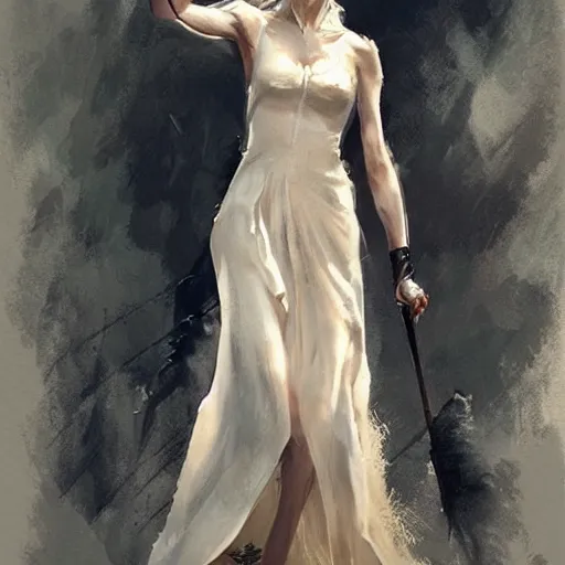 Prompt: eva green as yennifer, full body, dynamic pose, painted by greg rutkowski