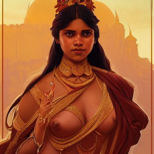 Prompt: character concept portrait of a fair bengali girl, ruling in hell, voluptuous, highly detailed, digital painting, artstation, concept art, symmetry, smooth, sharp focus, illustration, art by artgerm and greg rutkowski and alphonse mucha