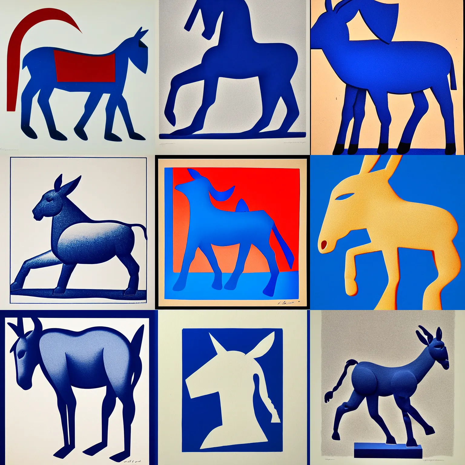 Image similar to lithograph of donkey!! cycladic sculpture, simplified, silhouette, full body, solid colors, block print, iconic, side view, centered, white background, ultramarine blue and red iron oxide